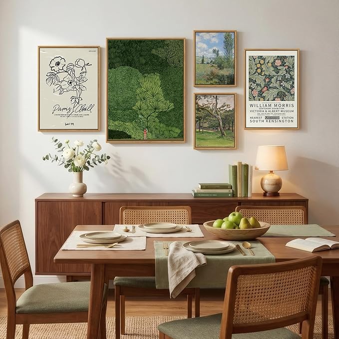 Large Framed Green Wall Art Set of 5, Vintage William Morris Floral Botanical Canvas Prints, Nature Gallery Wall Decor for Living Room Bedroom Hallway Home Office