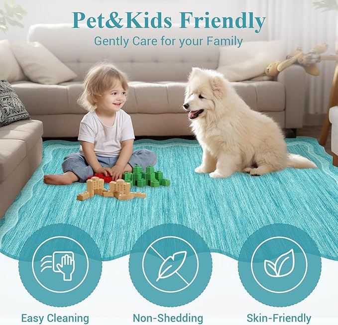 Garvee Scalloped 10x13 Area Rugs for Living Room Large Washable Rugs,Neutral Solid Rug Stain Resistant Non Slip Floor Mat Carpet Indoor Accent Rug for Bedroom Dining Room Playroom Home Decor,Teal