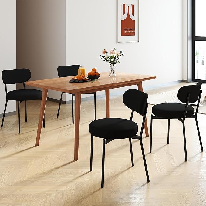 Murago Dining Chairs Set of 4 pcs, Boucle Upholstered Comfortable Seat with Curved Backrest, Mid-Century Modern & Scandinavian Designer Style, Ideal for Dining Room & Kitchen, Black