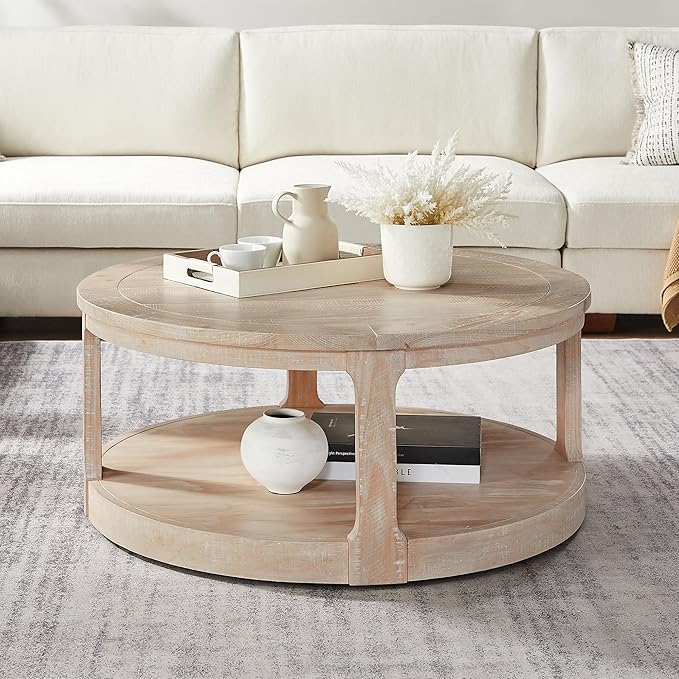 WILLIAMSPACE 40" Round Coffee Table with Wheels, Circle 2 Tier Solid Wood Center Coffee Table, Mid Century Retro Farmhouse Rounded End Table for Living Room Apartment, ø40 x 17.52" H (Oak)