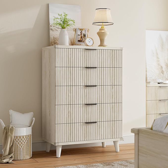 Lulive Dresser for Bedroom Wood Tall Dressers Drawers, Fluted Modern Dresser 5 Drawers (White Oak)