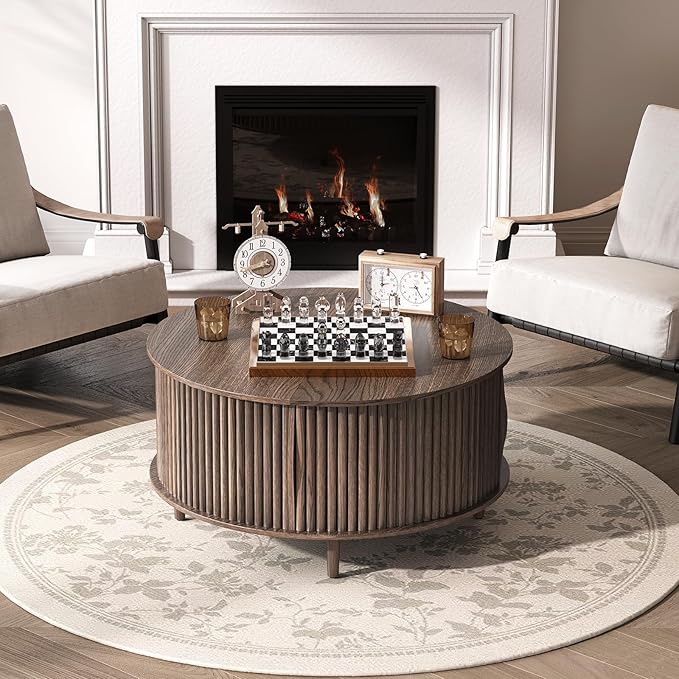 JOINICE,Round Coffee Table with Storage, 31.5" Fluted Center Table for Living Room, Modern Walnut Wood Circle Drum Table with Sliding Cabinet Door, Mid Century Furniture for Small Space