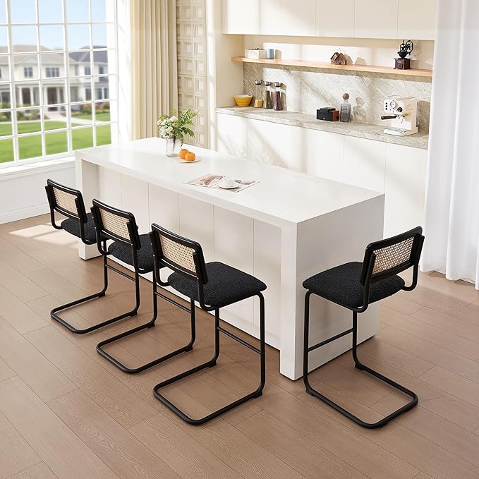 Zesthouse Natural Rattan Counter Stools Set of 2, 26'' Mid Century Modern Counter Height Barstools with Solid Wood Back & Cane Mesh, Upholstered Black Boucle Bar Stools for Kitchen Island, Chrome Base