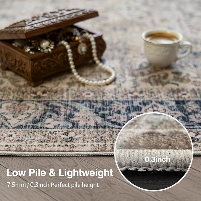 FMFUNCTEX 5x7 Brown Washable Area Rug Vintage Distressed Oriental Non Slip Low Pile Neutral Indoor Carpet for Living Room Bedroom Soft Retro Floral Thin Large Rug for Dining Nursery Office Dorm