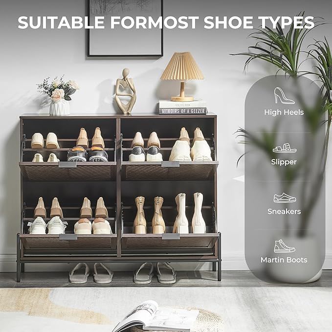 Shoe Cabinet Storage with 4 Flip Drawers, Narrow Hidden Shoes Organizer Cabinet for Entryway, Freestanding Slim Shoe Rack Front Door Entrance(Brown)