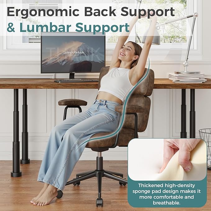 OLIXIS Ergonomic Home Office Desk Chair, PU Leather Computer Chair with Lumbar Support Adjustable Height Rolling Swivel Executive Task Armrests Chair, Modern Brown