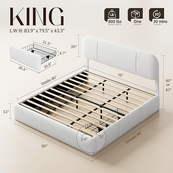King Size Bed Frame with Storage, Boucle Cloud Bed with 4 Locking Drawers & LED Lights, Modern Upholstered Platform Bed, Plush Sides & Footboard, Adjustable Headboard, No Box Spring, White