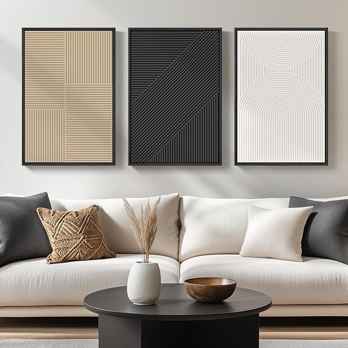 Framed Boho Black and White Abstract Wall Art, Set of 3 Piece Large Modern Neutral Minimalist Canvas Paintings Wall Decor Art Prints Pictures for Living Room, Bathroom, Dining, Office 16x24 Inch