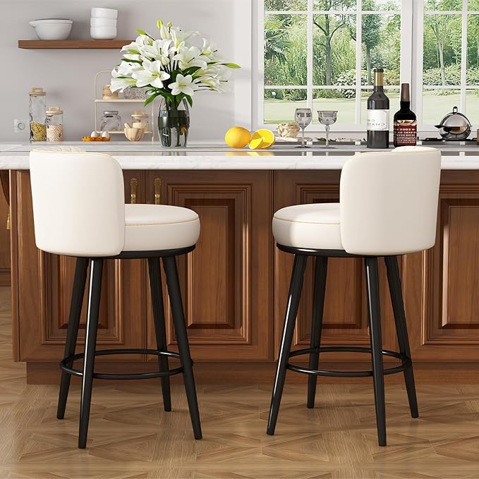 HONIFUR Bar Stools Set of 4, 27 Inch Barstools with Sturdy Legs, Leather Farmhouse Counter Height Bar Stool for Kitchen, Dining, Bar (White, Leather)