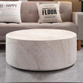 WILLIAMSPACE 31.5" Round Coffee Table in Faux Marble, Modern Circle Faux Stone Center Table Travertine Drum Tea Table for Living Room, Outdoor, Magnesium Oxide, Light Beige