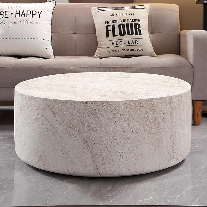 WILLIAMSPACE 31.5" Round Coffee Table in Faux Marble, Modern Circle Faux Stone Center Table Travertine Drum Tea Table for Living Room, Outdoor, Magnesium Oxide, Light Beige