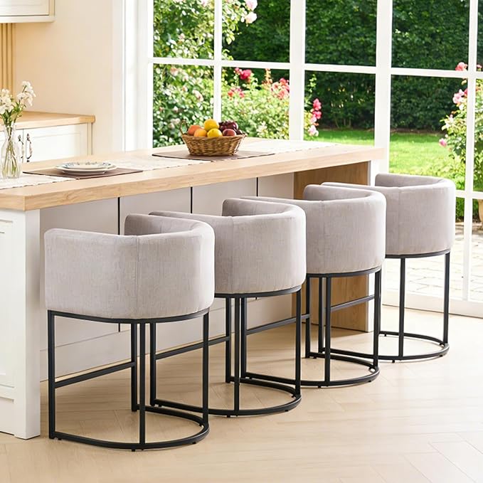 ClinQ 26" H Counter Height Bar Stools Set of 2, Modern Barrel Counter Stools with Backrest and Arms, Black Metal Frames, Linen Fabric Upholstered Accent Barstools for Kitchen Island, Light Grey