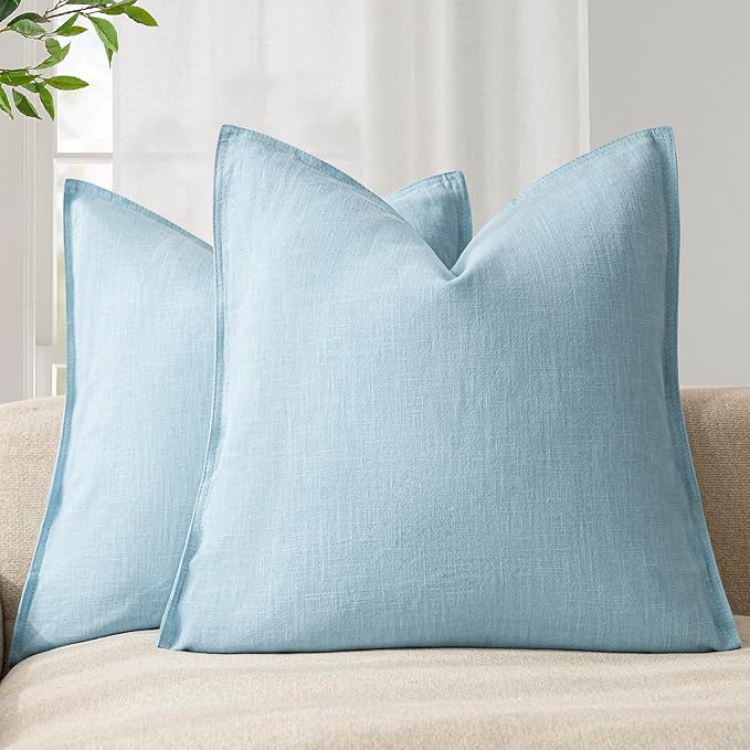 Foindtower Pack of 2, Decorative Linen Soild Throw Pillow Covers Soft Accent Euro Cushion Case Farmhouse Neutral Pillowcase for Chair Couch Sofa Bedroom Living Room Home Decor 26 x 26 Inch Light Blue