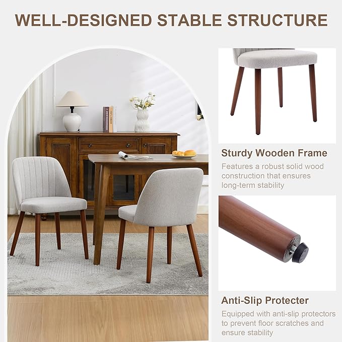 GarveeHome Wooden Dining Chairs Set of 2, Upholstered Kitchen Dining Room Chairs with Padded Seat and Wood Legs, Modern Fabric Side Dinner Chair for Kitchen, Dining Room, Restaurant, Cafe, Grey