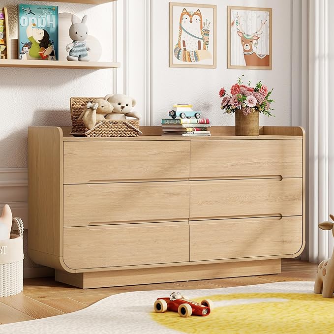 Curved 6 Drawer Dresser for Bedroom, Modern 53-Inch Chest of Drawers, Wood Storage Dresser Organizers with Hidden Handles, 6 Drawer Dressers for Bedroom, Nursery, Living Room, Natural