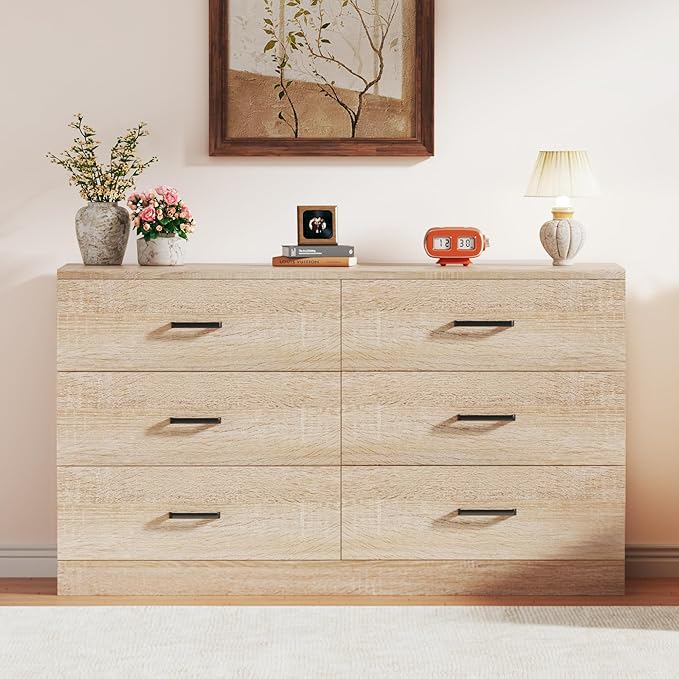 Dresser for Bedroom with 6 Drawers, Wooden Dresser with Metal Handles, Mid Century Modern Bedroom Dressers, Large Storage Organizer for Entryway, Light Oak