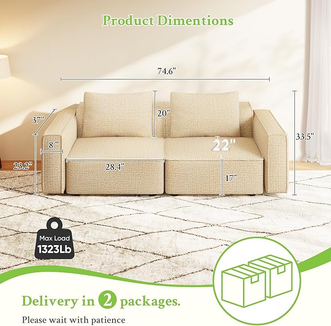 Welzona 75" loveseat Sofa, Comfy Chenille Love Seat, Wood Frame Small Couches for Small Spaces, Tool-Free Setup 2 Seater Modern Loveseat, 22"Deep Seat Sofas for Living Room, Apartment, Bedroom, Camel
