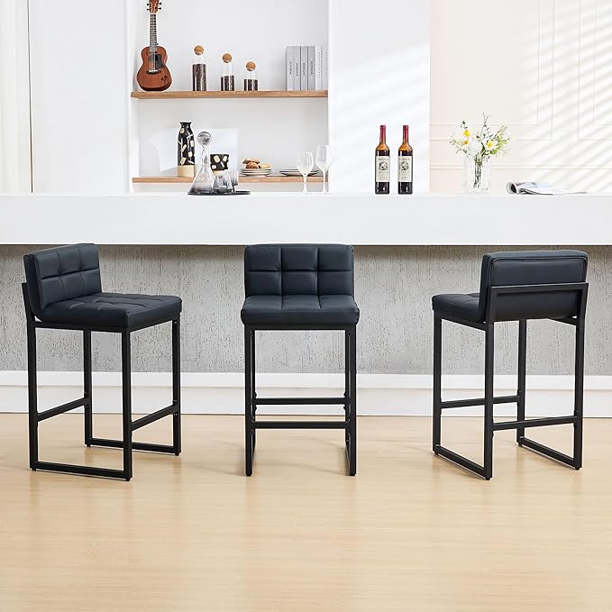 FIRAVOE Bar Stools Set of 3, Upholstered Faux Leather Counter Height Barstools with Low Back and Thickened Metal Legs, Modern Bar Chairs for Kitchen Island, Bar (Black, 3Pcs 26" Counter Stools)