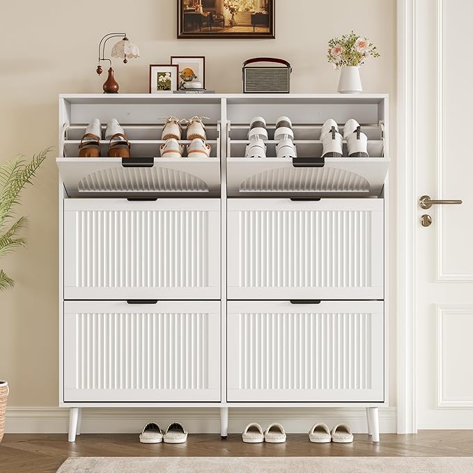 BORNOON Shoe Cabinet for Entryway with 6 Flip Drawers, Slim Wooden Shoe Storage Organizer with Modern Fluted Pannel，Freestanding Narrow Hidden Shoe Rack for Hallway, Foyer, Living Room