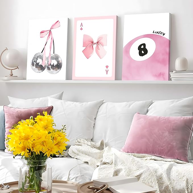 Framed Pink Canvas Wall Decor Set of 3, Pink Bow Wall Art Oil Painting, Girls Preppy Room Decor Picture, Trendy Disco Ball Print Poster for Teen Girl Apartment Bedroom Living Room Aesthetic 16x24 Inch