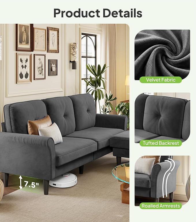Welzona Sofas for Living Room, 83" Velvet Sectional Couch with Moveable Ottoman, Midcentury Modern Small Sectional Couch, L Shape Sofa & 2 Seater, Couches for Living Room, Apartment, Bedroom