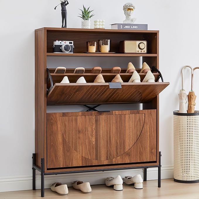 FurSch Fluted Shoe Cabinet with 2 Flip Drawers, Slim Freestanding Hidden Shoe Cabinet Organizer, Narrow Shoes Storage Rack for Entryway (All Walnut-2 Drawers, 9.45" D x 31.5" W x 41.93" H)