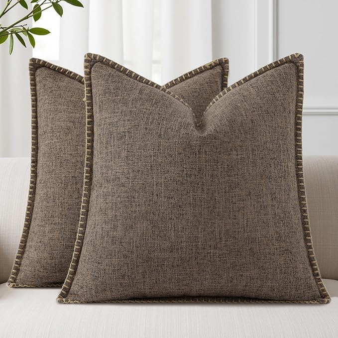 decorUhome Summer Decorative Throw Pillow Covers 18x18 Set of 2 Square Faux Linen Farmhouse Pillow Covers with Stitched Edge Outdoor Neutral Pillow Covers for Couch Sofa Living Room, Chocolate