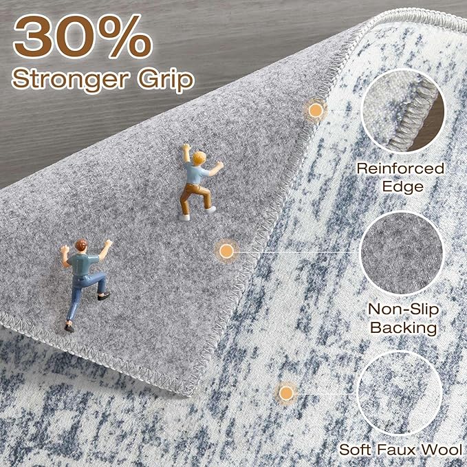 Runner Rug Non-Slip Kitchen Rug: 3x10 Washable Abstract Modern Soft Stain Resistant Indoor Floor Neutral Accent Throw Carpet for Hallway Bathroom Laundry Room Bedroom Entryway- Blue