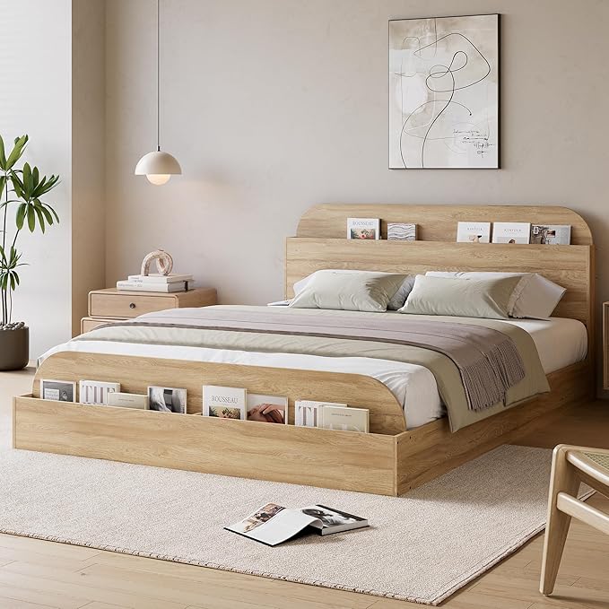 GarveeHome Full Size Bed Frame, Wooden Beds with Storage Headboard and Raised-Foodboard, Full-Floor Low Platform Bed for Bedroom, Sturdy Wooden Slats Support, No Box Spring Needed, Natural