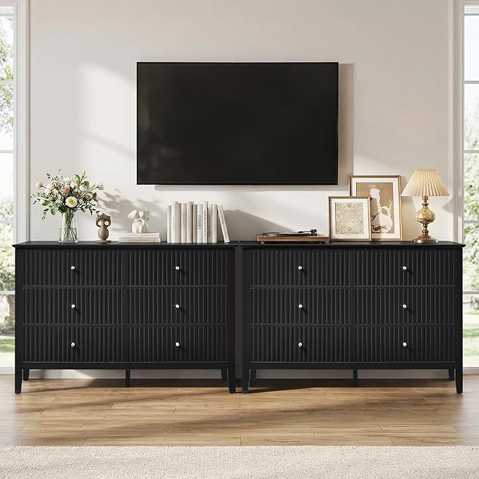 RoyalCraft Black 6 Drawer Dresser, Fluted Modern Wood Dresser, Double Chest of Drawers for Bedroom, TV Stand Storage Cabinet for Living Room