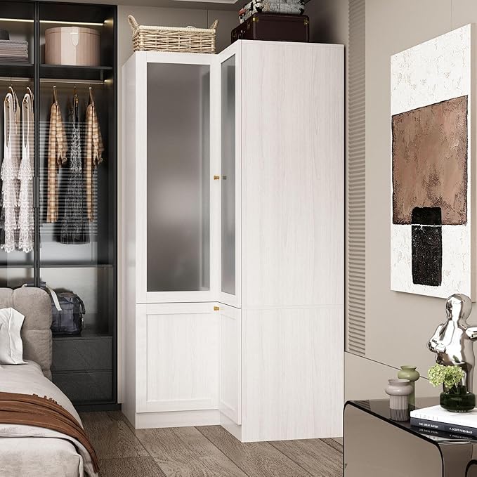 MOUMON 70.9" L-Shaped Corner Wardrobe with Frosted Glass Doors, Armoire Closet with Hanging Rod, Space-Saving, Light Oak 35.4”W x 35.4”D x 70.9”H