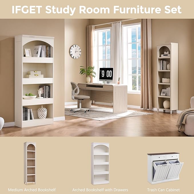 IFGET 76" Tall Arched Bookcase with 1PC Magnetic Lock Drawer, Modern Wooden Arch Bookshelf w/3 Pull-Out Drawers, Farmhouse 4 Tiers Book Shelf w/Open Shelves for Living Room, Office (Antique White)