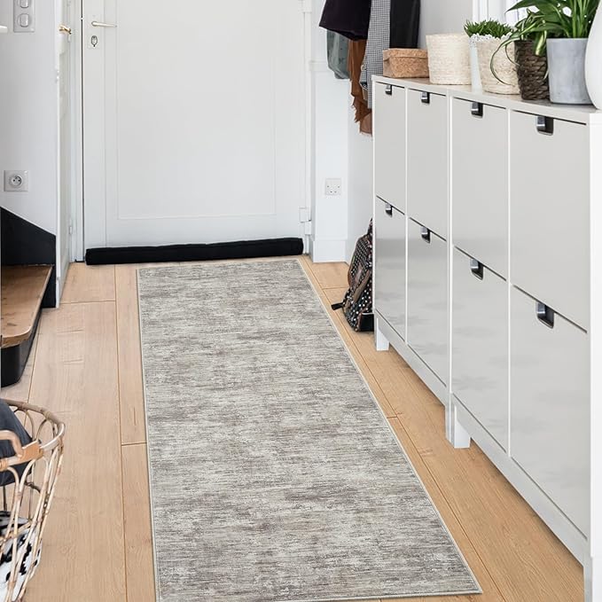 RUGSREAL 2x6 Runner Rug Washable Kitchen Runner Rug Modern Abstract Runner Mat for Hallway Contemporary Solid Rug Non-Slip Foldable Aesthetic Accent Floor Carpet for Living Room Bedroom, Taupe