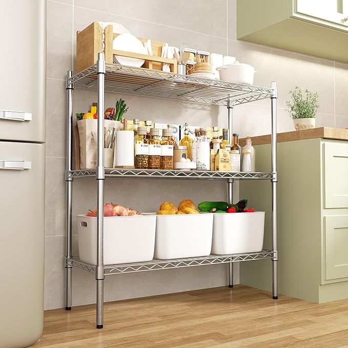 Auslar 3-Shelf Storage Wire Shelves Heavy Duty 3 Tiers Standing Shelving Units Adjustable Metal Organizer Wire Rack, Chrome