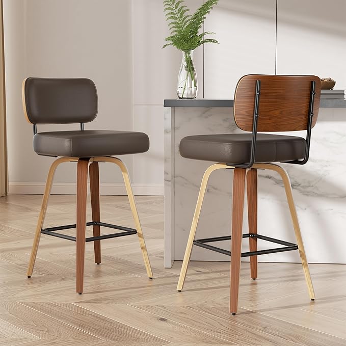 Swivel Bar Stools Set of 2, 26" Upholstered Faux Leather Counter Height Barstools with Walnut Back & Bentwood Legs, Mid Century Modern Bar Chairs Island Stools for Kitchen Counter, Coffee