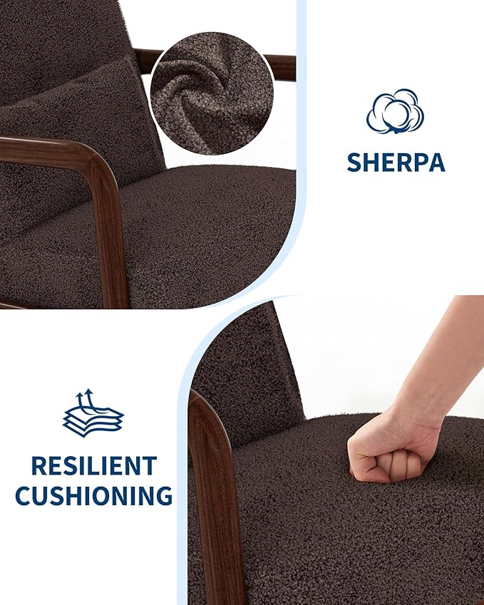 Garvee Mid-Century Modern Accent Chair, Sherpa Upholstery, Solid Wood Armchair with Removable Lumbar Pillow, Sturdy Reading Chair for Living Room, Bedroom, Guest Room, Easy Assembly, Brown