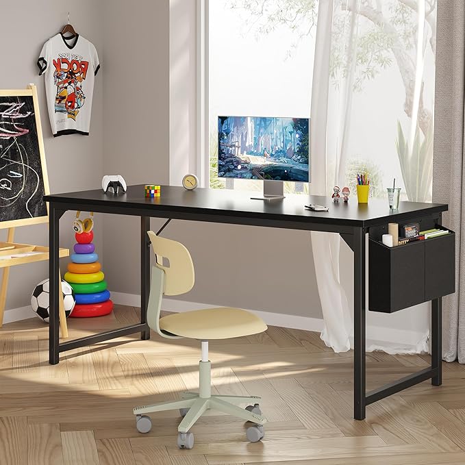 OLIXIS Computer Desk 63 Inch Home Office Desks for Small Spaces, Gaming Writing Study Work Table with Storage Bag and Headphone Hook for Bedroom, Black
