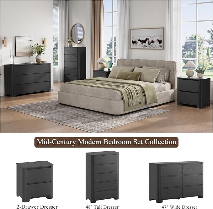 Black Nightstands Set of 2 with Charging Station, 23.6" Modern Night Stand with Unique Thickened Foot and 2 Storage Drawers, Bedside Table with Rounded Corner Design for Bedroom