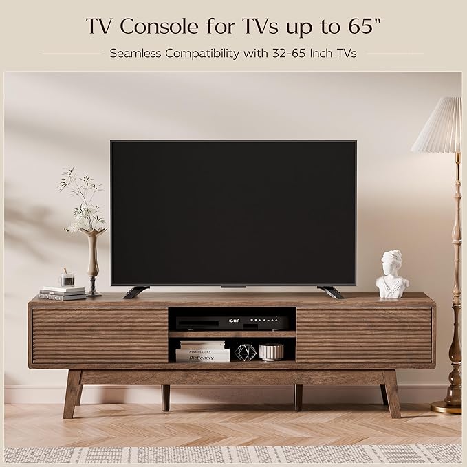 TOLEAD 59" Mid Century Modern TV Stand for TVs up to 65 Inch, Low Profile Entertainment Center with Fluted Sliding Doors & Storage, Wood TV Console Table for Living Room, Walnut