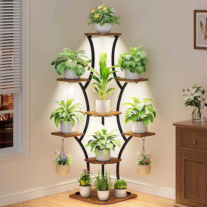 Corner Plant Stand With Grow Lights - 52.7" Indoor Plant Stand, Corner Plant Shelf For Indoor Plants, 8 Tiered Lighted Flower Holder, Tall Display Rack For Living Room, Hallway, Home, Black & Brown