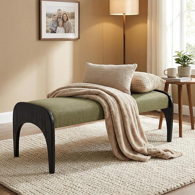 LukeAlon Extra Long 51-Inch Upholstered Storage Bench with Green Linen Fabric & Black Rubber Wood Legs for Kitchen Table, Bedroom, Entryway