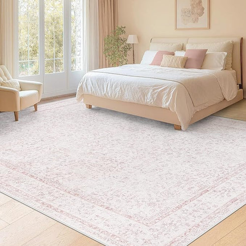 8x10 Area Rugs for Living Room: Washable Large Vintage Floral Rug Low Pile Non-Slip Boho Carpet for Bedroom Home Office Dining Room (Pink, 8'x10')