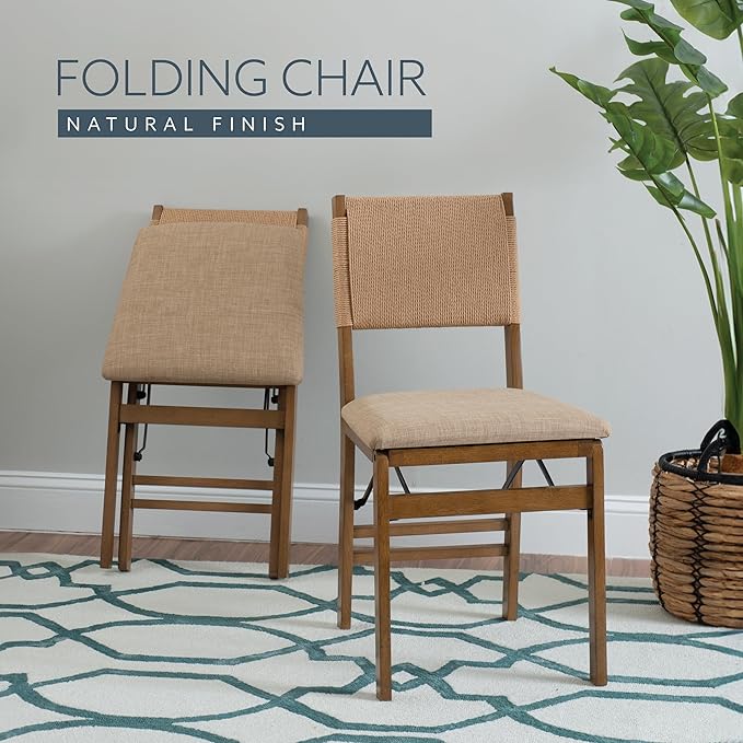 Bennett Natural Folding Chair with Rope Back and Linen Upholstered Seat Set of 2 by Linon