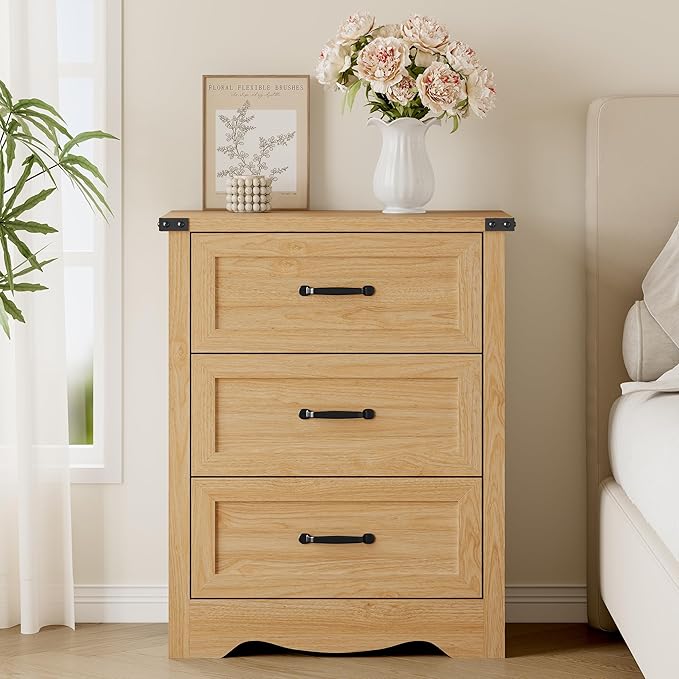 BORNOON 3-Drawer Dresser for Bedroom, Small Wooden Chest of Drawers with Metal Handles, Narrow Storage Cabinet with Anti-Tipping Design, Sturdy Dresser Organizer for Closet, Living Room, Entryway