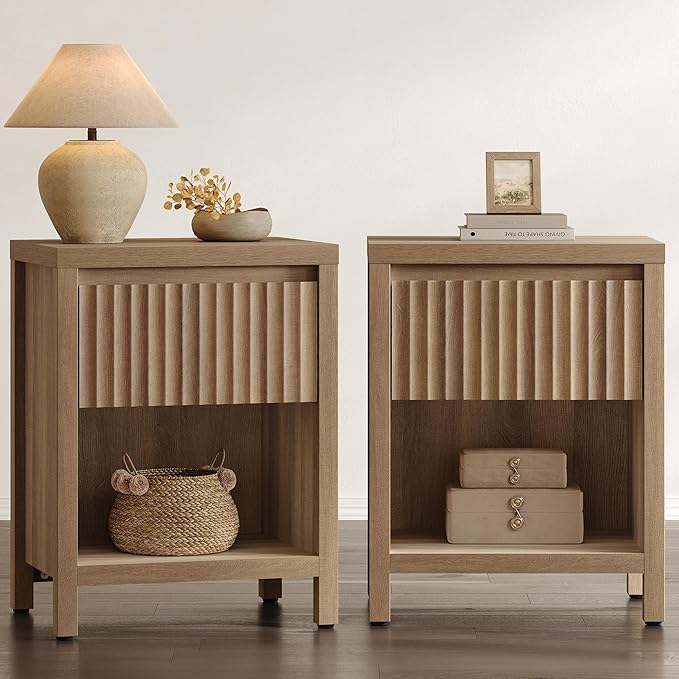 SICOTAS Fluted Night Stand Set of 2, Farmhouse Nightstands with Drawer, Boho Bedside Table with Storage Shelf, Large End Tables Bed Side Tables for Bedroom, Caramel Oak