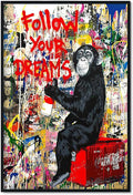 Tanmart Banksy Canvas Wall Art Monkey Follow Your Dreams Street Graffiti Wall Art Banksy Prints Gorilla Poster Monkey Artwork Graffiti Pictures Painting for Home Living Room Decor 16x24 Inch Unframed