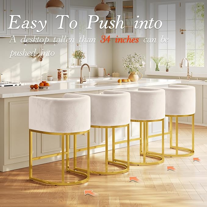 Modern Counter Height Bar Stools,Bar Stools Set of 3,Velvet Fabric Upholstered Barrel Barstools with Backs,26'' Kitchen Island Chairs,Metal Gold Frames,Beige White Velvet