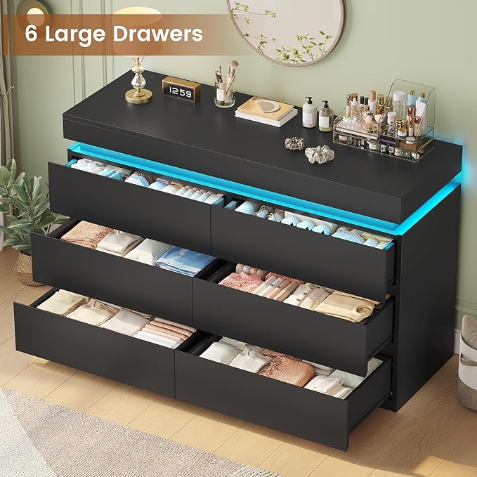 HAUOMS 6 Drawer Dresser with LED Light, Black Modern Chest of Drawers for Bedroom,Closet Dressers with Drawers for Living Room, Entryway, Hallway