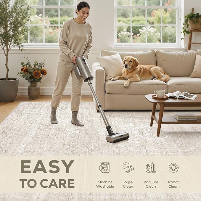 6x9 Area Rug Living Room: Washable Large Vintage Grey Rug Neutral Non-Slip Soft Stain Resistant Indoor Carpet for Bedroom Nursery Dining Room Under Table Bed Home House Office Playroom - Beige White