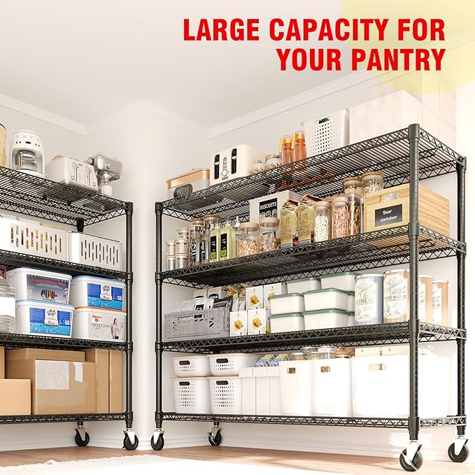 Garvee 4-Tiers Storage Shelves Heavy Duty Garage Shelving Units with Wheels 59" W x 71.8" H, 2640LBS Rolling Wire Shelving Rack, Adjustable Shelf for Garage Kitchen Warehouse Industrial Pantry